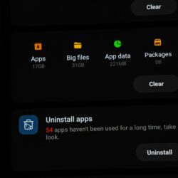 Phone storage management screen showing app data and uninstall options