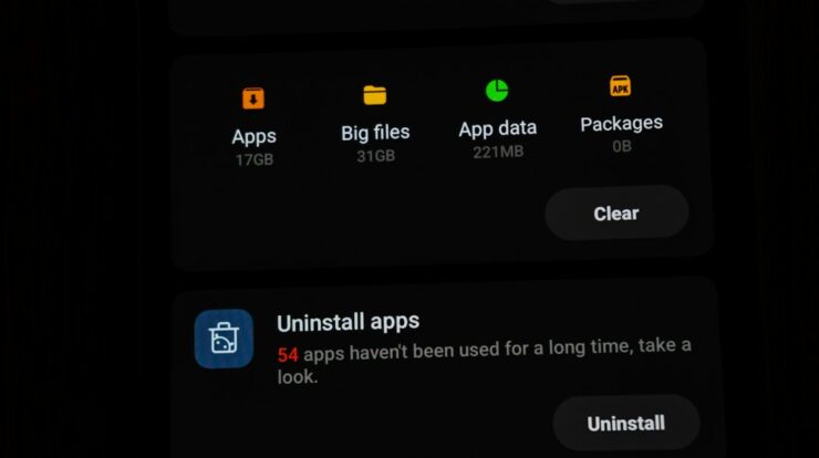 Phone storage management screen showing app data and uninstall options