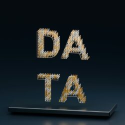 The word data formed by gold and white binary digits above a dark platform