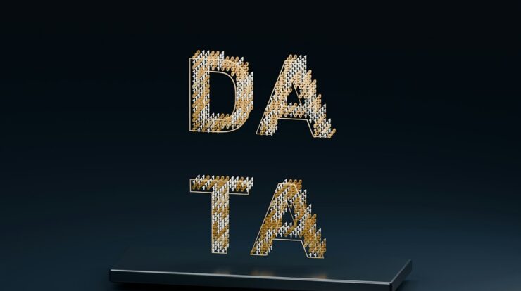 The word data formed by gold and white binary digits above a dark platform