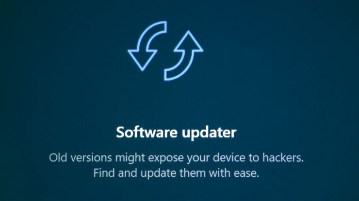 Software updater with refresh arrows icon and update icons