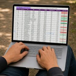 Person working on a laptop with a spreadsheet outdoors
