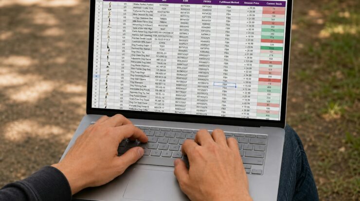 Person working on a laptop with a spreadsheet outdoors