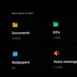 File categories and storage sizes displayed on a dark screen