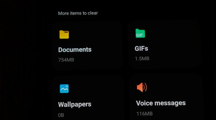 File categories and storage sizes displayed on a dark screen