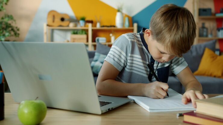 Young boy studies at a laptop and notebook