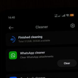 Phone cleaner app showing finished cleaning and whatsapp cleaner
