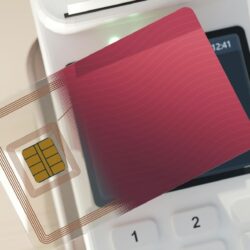 A transparent payment card with a gold chip held over a card reader