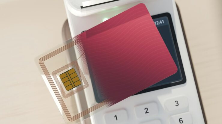 A transparent payment card with a gold chip held over a card reader