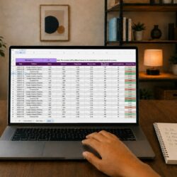 Hand operating laptop displaying data spreadsheet on a desk